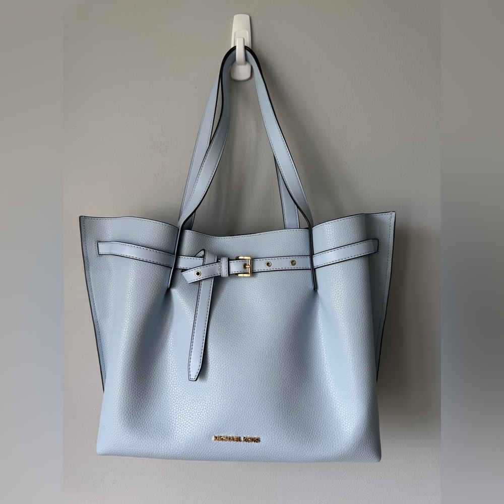 Michael Kors Pale Blue Pebbled Leather Tote with Belt Accent